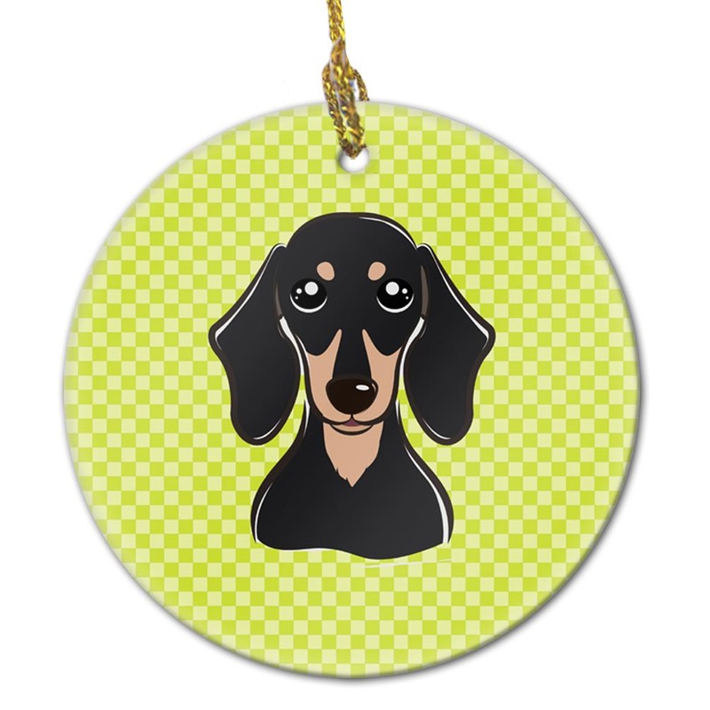 Checkerboard Lime Green Smooth Black and Tan Dachshund Ceramic Ornament BB1277CO1