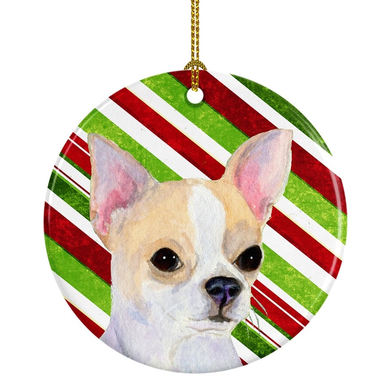 Chihuahua Candy Cane Holiday Christmas Ornament - Round Ceramic Ornament  Artist-Designed Keepsake Decoration SS4543