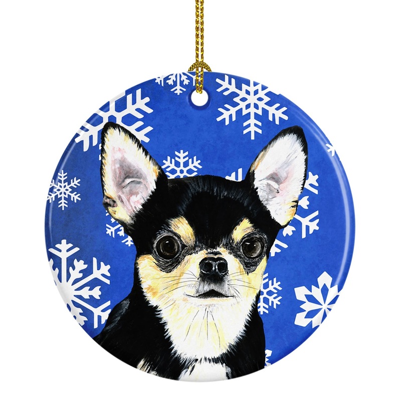 Chihuahua Winter Snowflakes Holiday Ornament - Round Ceramic Ornament  Artist-Designed Keepsake Decoration SC9399