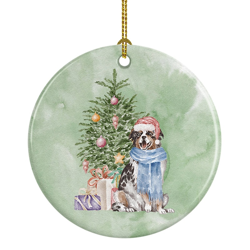 Christmas Australian Shepherd Ornament - Round Ceramic Ornament  Artist-Designed Keepsake Decoration