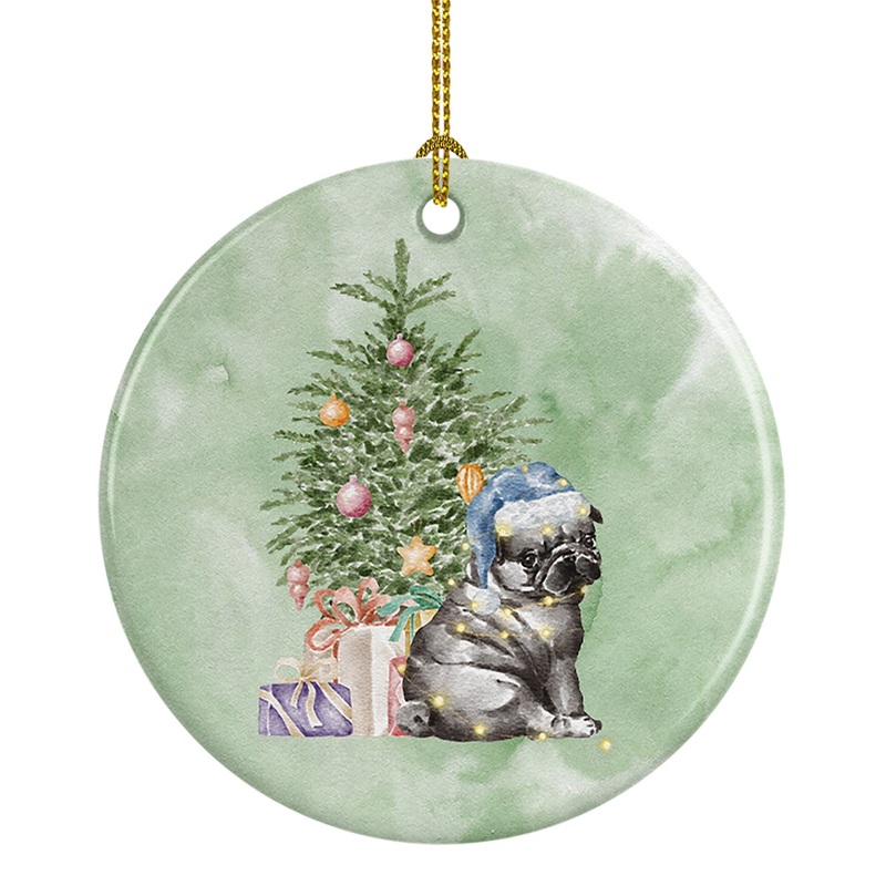 Christmas Black Pug Puppy Ornament - Round Ceramic Ornament  Artist-Designed Keepsake Decoration