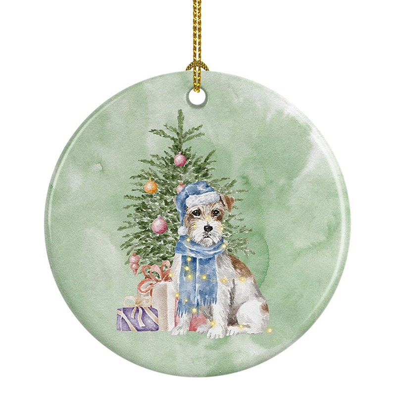 Christmas Jack Russell Terrier Wire Ornament - Round Ceramic Ornament  Artist-Designed Keepsake Decoration