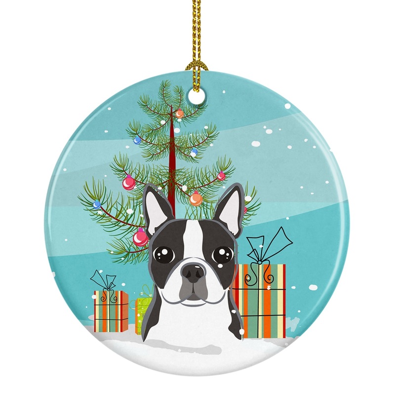Christmas Tree and Boston Terrier Ornament - Round Ceramic Ornament  Artist-Designed Keepsake Decoration BB1575CO1