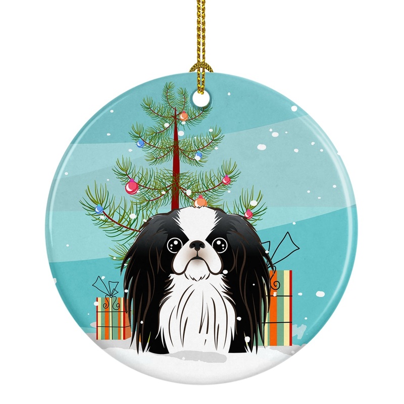 Christmas Tree and Japanese Chin Ornament - Round Ceramic Ornament  Artist-Designed Keepsake Decoration BB1602CO1