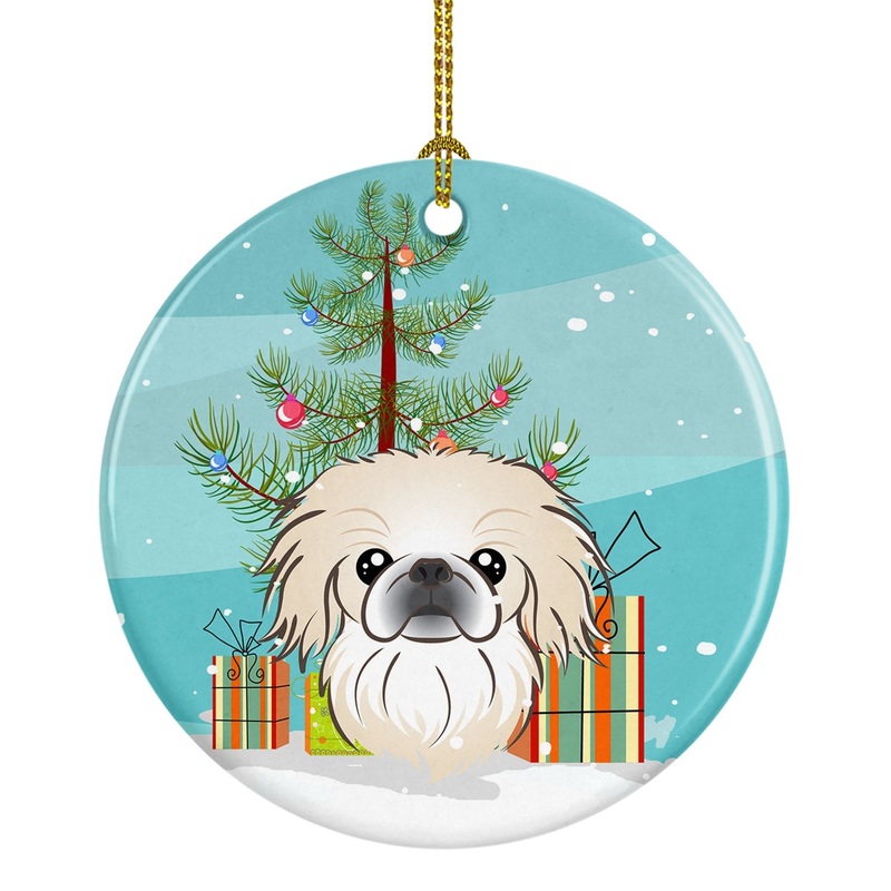 Christmas Tree and Pekingese Ornament - Round Ceramic Ornament  Artist-Designed Keepsake Decoration BB1593CO1