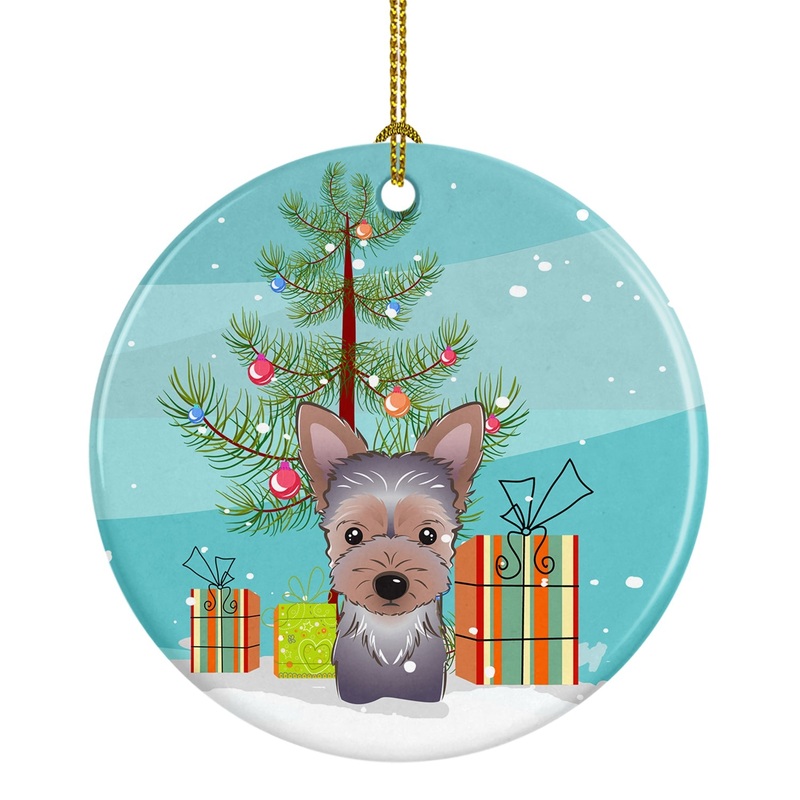 Christmas Tree and Yorkie Puppy Ornament - Round Ceramic Ornament  Artist-Designed Keepsake Decoration BB1604CO1