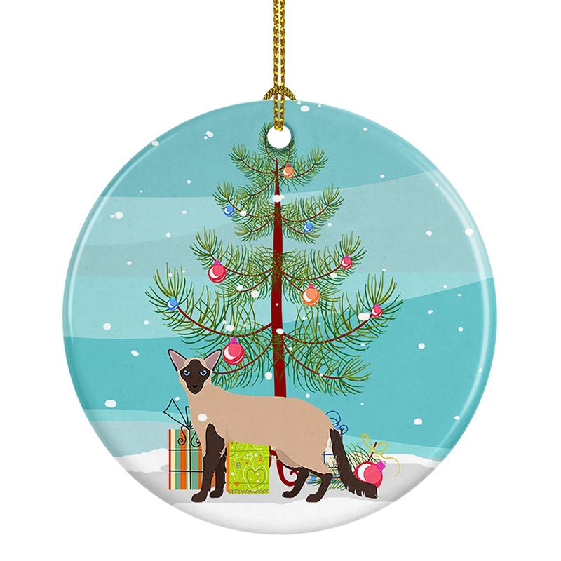 Colorpoint Longhair Cat Merry Christmas Ornament - Round Ceramic Ornament  Artist-Designed Keepsake Decoration