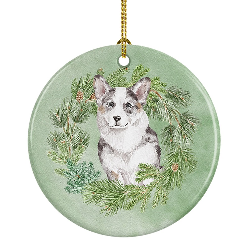 Corgi Blue Merle Christmas Wreath Ceramic Ornament