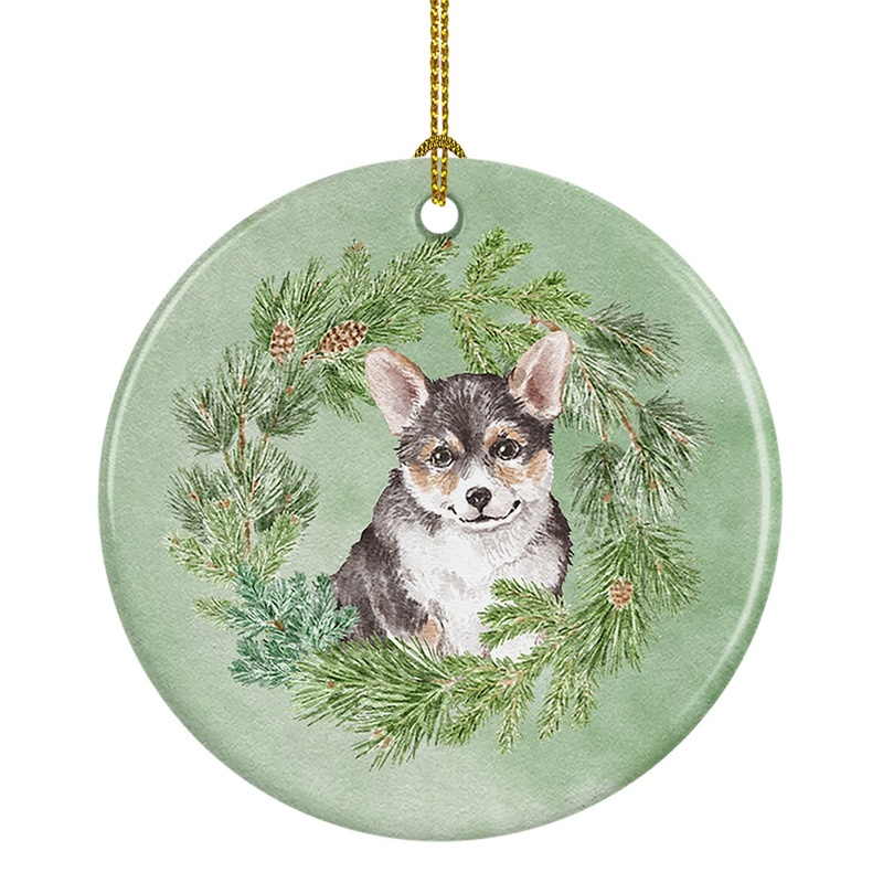 Corgi Tricolor Puppy Christmas Wreath Ceramic Ornament