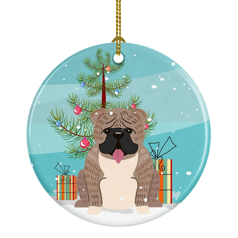 Merry Christmas Tree English Bulldog Grey Brindle  Ornament - Round Ceramic Ornament  Artist-Designed Keepsake Decoration BB4251CO1