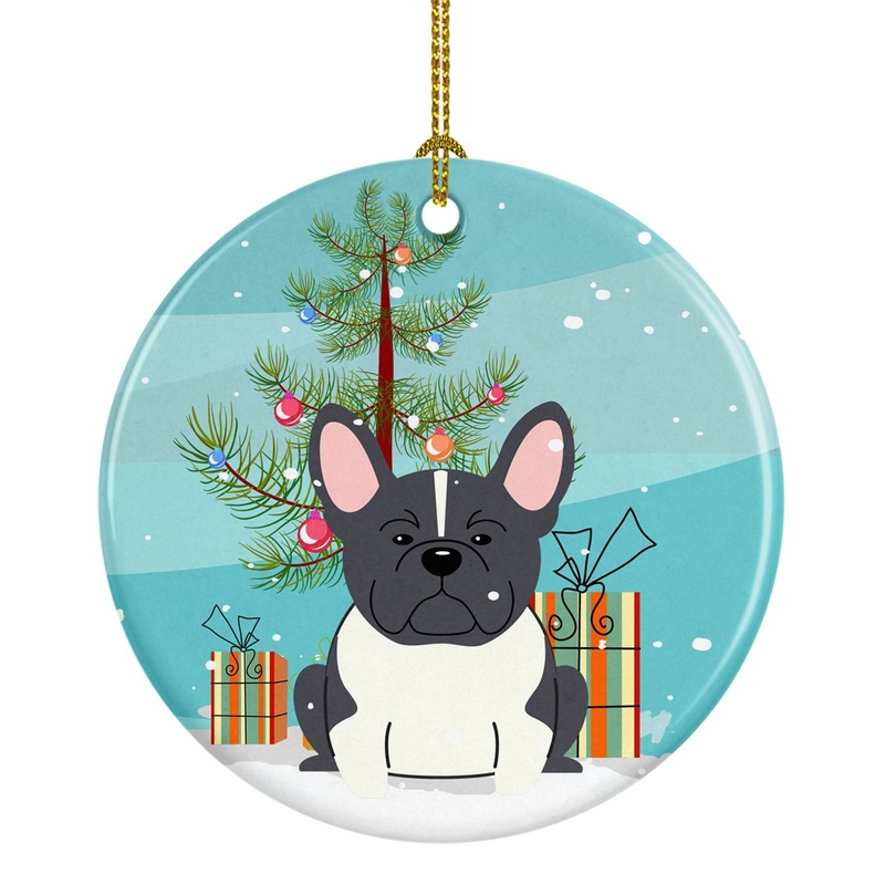 Merry Christmas Tree French Bulldog Black White Ornament - Round Ceramic Ornament  Artist-Designed Keepsake Decoration BB4137CO1