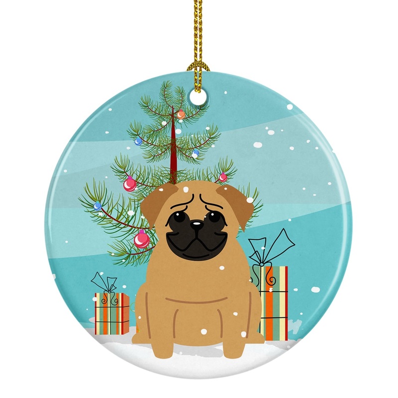 Merry Christmas Tree Pug Brown Ornament - Round Ceramic Ornament  Artist-Designed Keepsake Decoration BB4132CO1