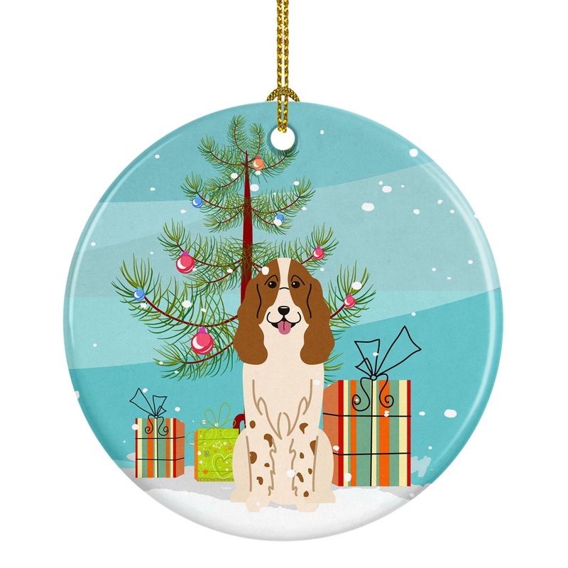 Merry Christmas Tree Russian Spaniel Ornament - Round Ceramic Ornament  Artist-Designed Keepsake Decoration BB4156CO1