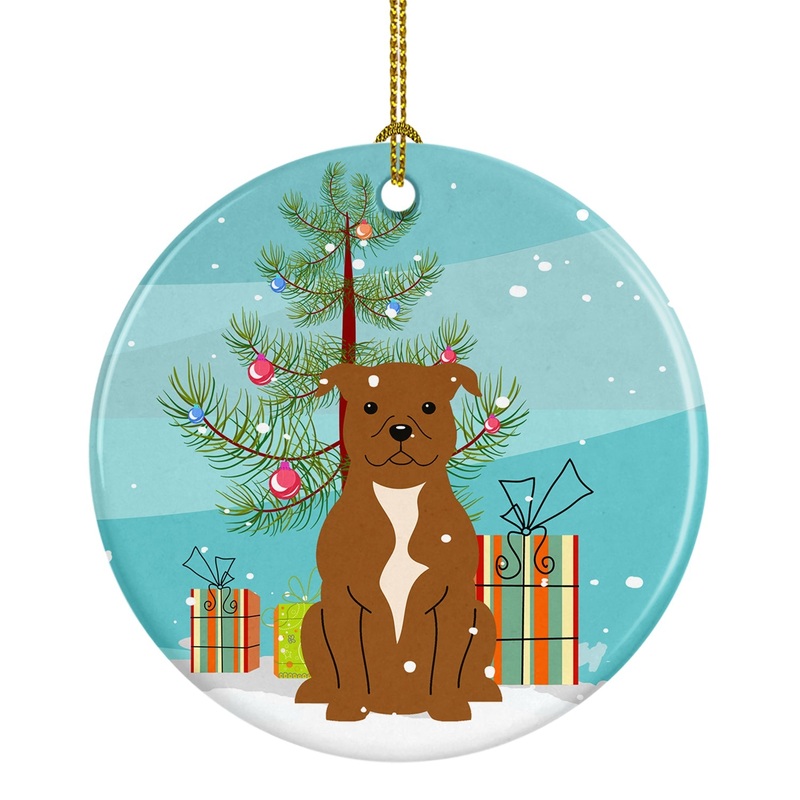 Merry Christmas Tree Staffordshire Bull Terrier Brown Ornament - Round Ceramic Ornament  Artist-Designed Keepsake Decoration BB4172CO1