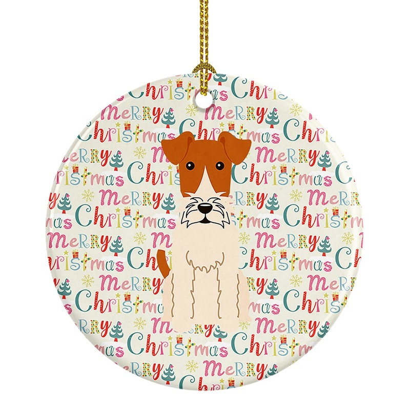 Merry Christmas Wire Fox Terrier Ceramic Ornament