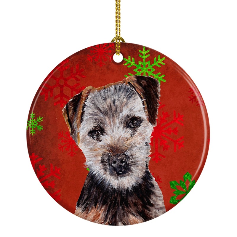 Norfolk Terrier Puppy Red Snowflakes Holiday Ornament - Round Ceramic Ornament  Artist-Designed Keepsake Decoration SC9759CO1