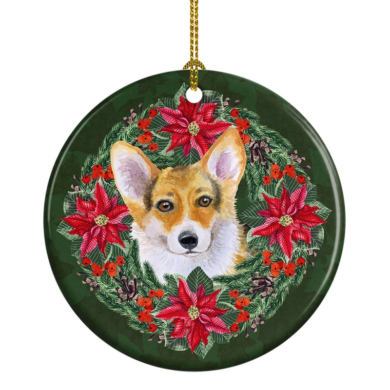 Pembroke Corgi Poinsetta Wreath Ornament - Round Ceramic Ornament  Artist-Designed Keepsake Decoration