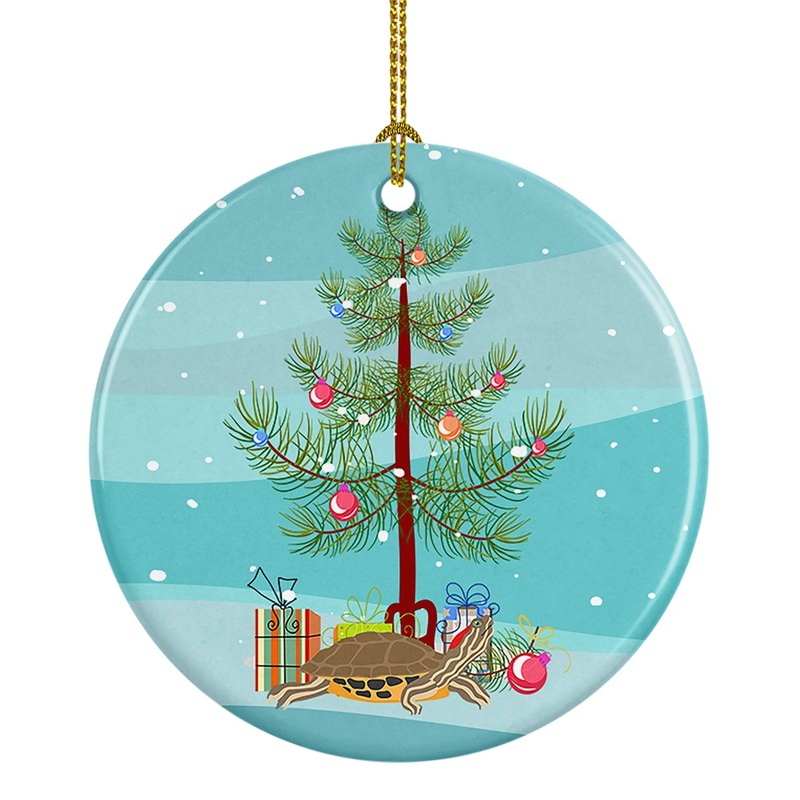 Pond Slider Turtle Merry Christmas Ornament - Round Ceramic Ornament  Artist-Designed Keepsake Decoration