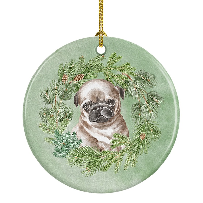 Pug Puppy Fawn Head Tilt Christmas Wreath Ceramic Ornament