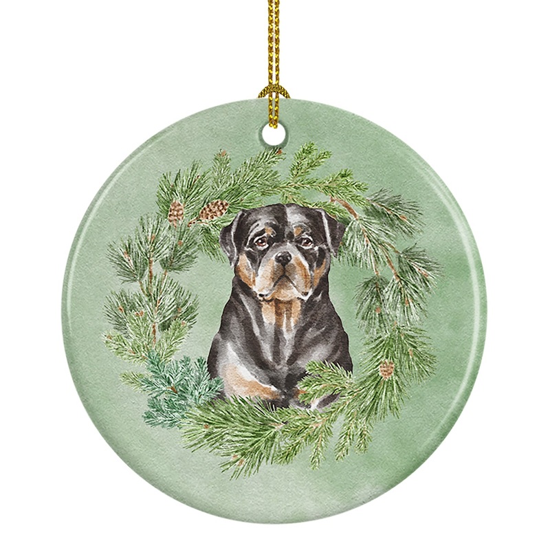 Rottweiler Sitting Tall Christmas Wreath Ceramic Ornament