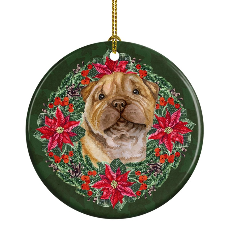 Shar Pei Puppy Poinsetta Wreath Ceramic Ornament