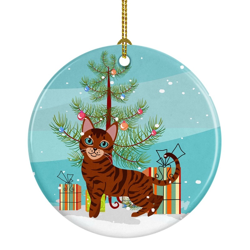 Toyger Cat Merry Christmas Tree Ornament - Round Ceramic Ornament  Artist-Designed Keepsake Decoration BB4434CO1