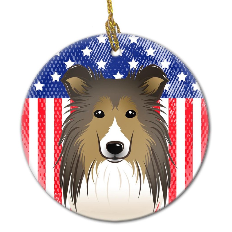 American Flag and Sheltie Ceramic Ornament BB2172CO1
