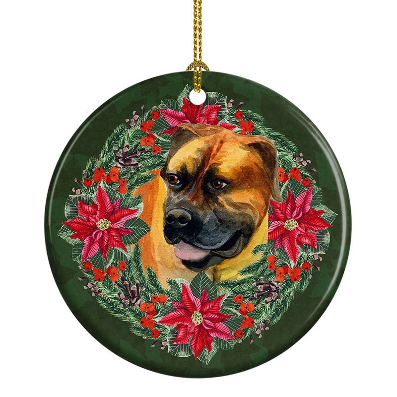 Boerboel Mastiff Poinsetta Wreath Ornament - Round Ceramic Ornament  Artist-Designed Keepsake Decoration