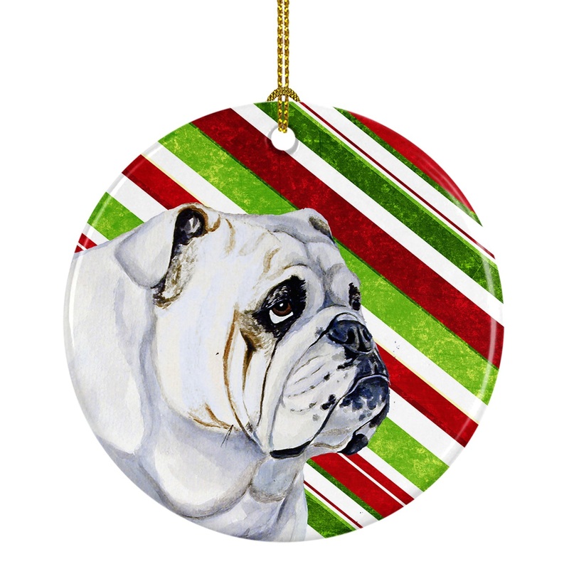 Bulldog English Candy Cane Holiday Christmas Ornament - Round Ceramic Ornament  Artist-Designed Keepsake Decoration LH9229
