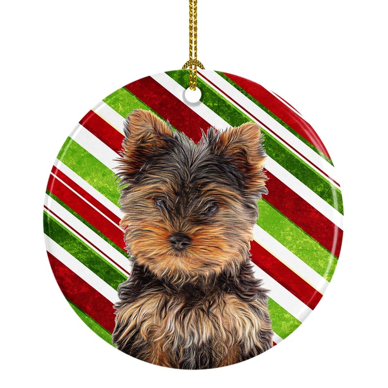 Candy Cane Holiday Christmas Yorkie Puppy / Yorkshire Terrier Ornament - Round Ceramic Ornament  Artist-Designed Keepsake Decoration KJ1174CO1