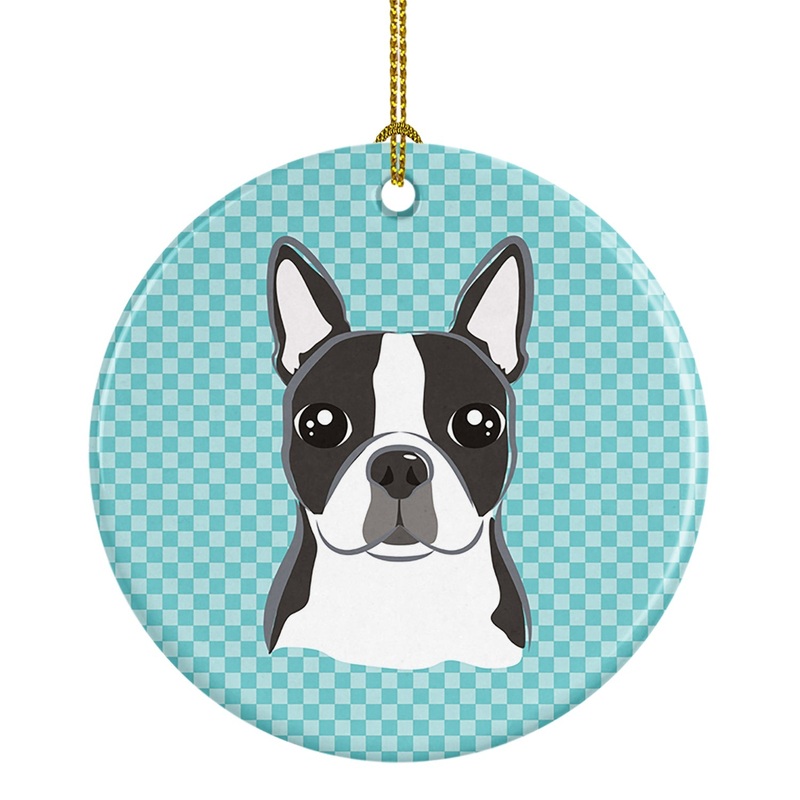 Checkerboard Blue Boston Terrier Ceramic Ornament BB1141CO1