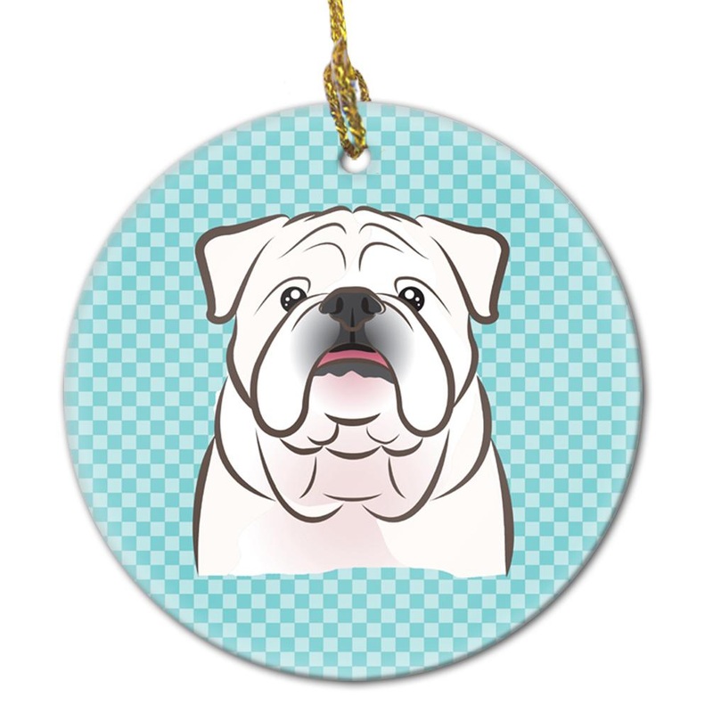 Checkerboard Blue White English Bulldog Ceramic Ornament BB1158CO1