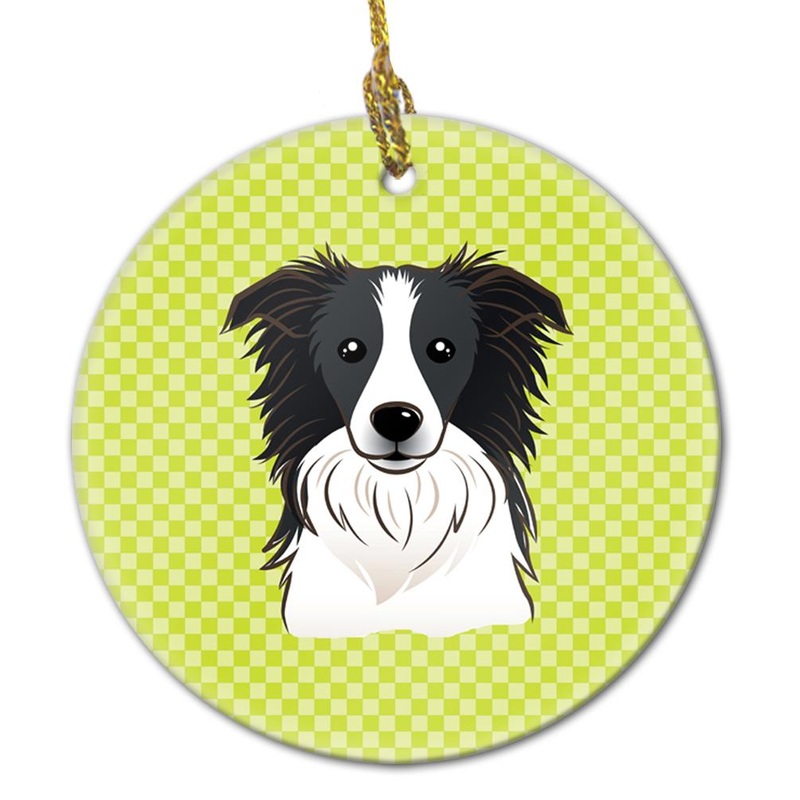 Checkerboard Lime Green Border Collie Ceramic Ornament BB1303CO1