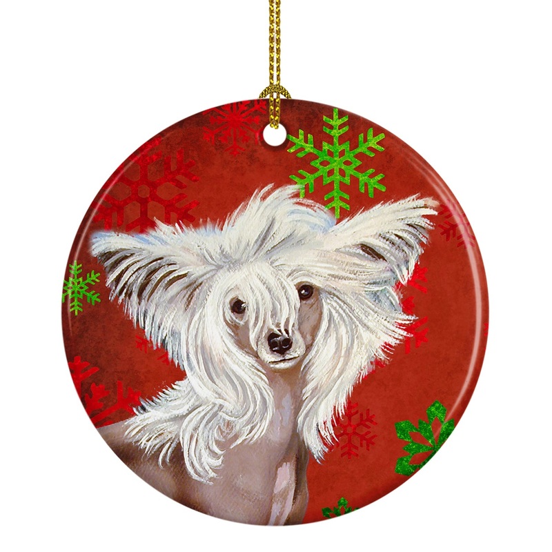 Chinese Crested Red Snowflake Holiday Christmas Ornament - Round Ceramic Ornament  Artist-Designed Keepsake Decoration LH9347