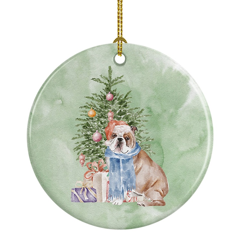 Christmas English Bulldog #2 Ornament - Round Ceramic Ornament  Artist-Designed Keepsake Decoration