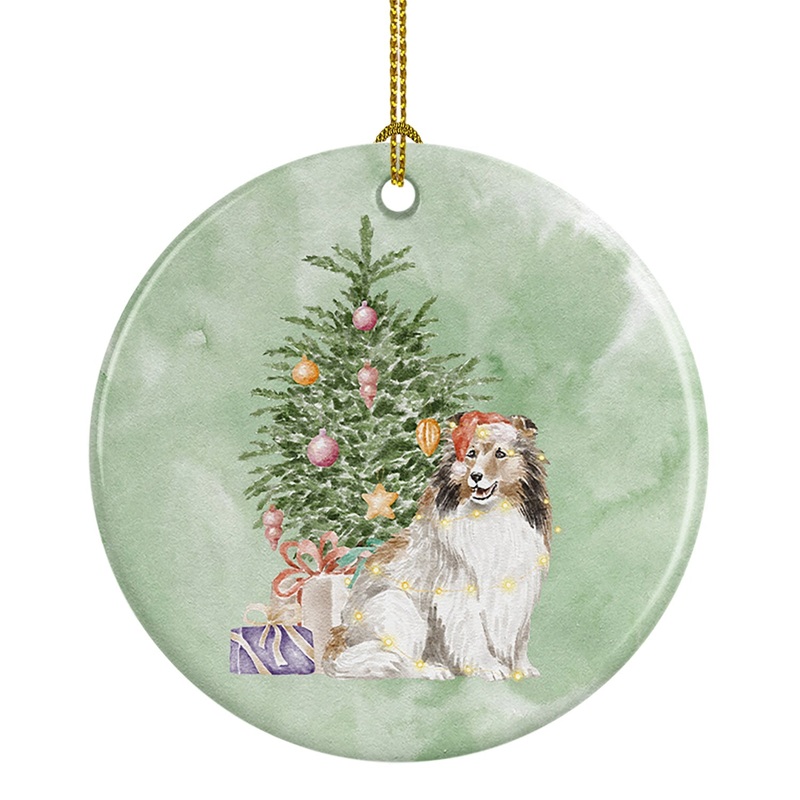 Christmas Sheltie Shetland Sheepdog Ornament - Round Ceramic Ornament  Artist-Designed Keepsake Decoration