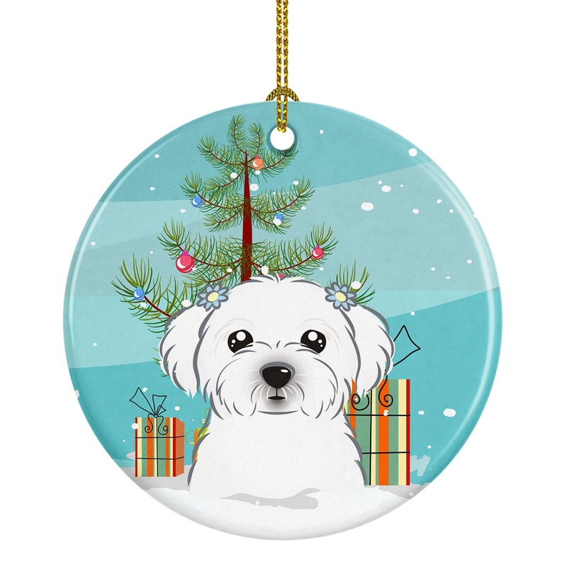 Christmas Tree and Maltese Ornament - Round Ceramic Ornament  Artist-Designed Keepsake Decoration BB1580CO1