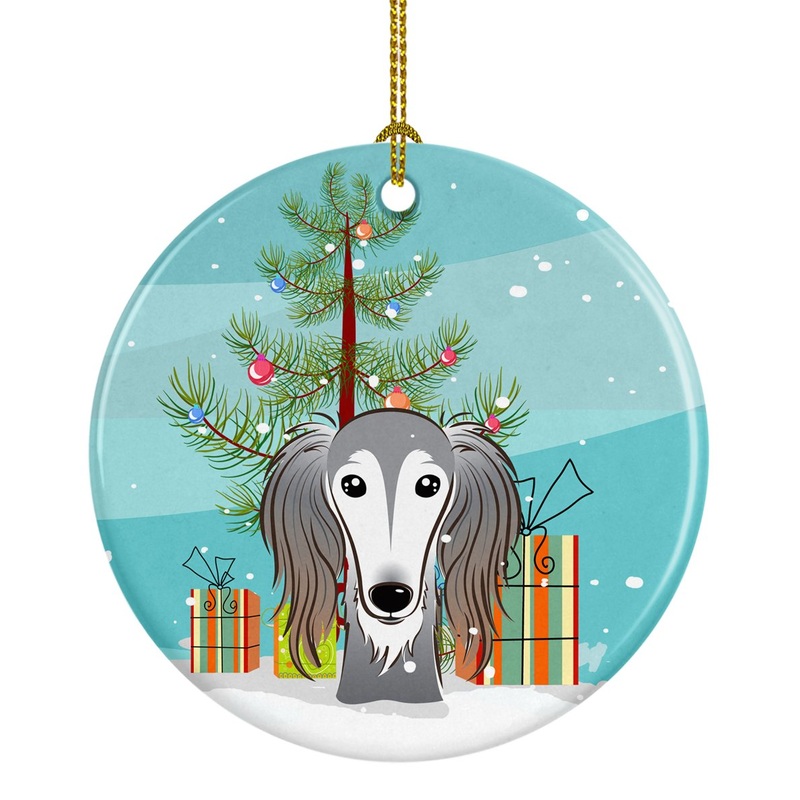 Christmas Tree and Saluki Ornament - Round Ceramic Ornament  Artist-Designed Keepsake Decoration BB1601CO1