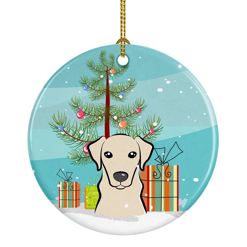 Christmas Tree and Yellow Labrador Ornament - Round Ceramic Ornament  Artist-Designed Keepsake Decoration BB1594CO1
