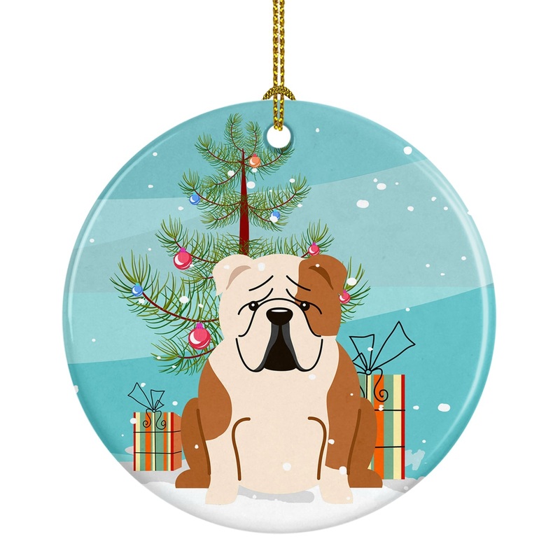 Merry Christmas Tree English Bulldog Fawn White Ornament - Round Ceramic Ornament  Artist-Designed Keepsake Decoration BB4250CO1