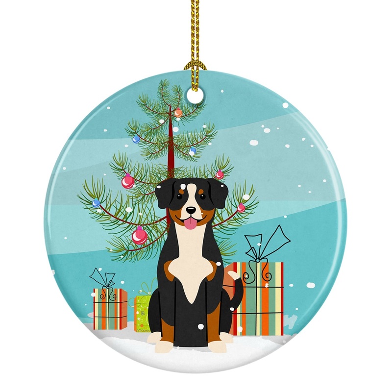 Merry Christmas Tree Entlebucher Ornament - Round Ceramic Ornament  Artist-Designed Keepsake Decoration BB4163CO1