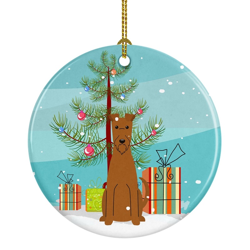 Merry Christmas Tree Irish Terrier Ornament - Round Ceramic Ornament  Artist-Designed Keepsake Decoration BB4187CO1