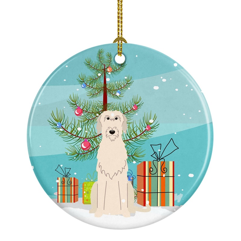 Merry Christmas Tree Irish Wolfhound Ornament - Round Ceramic Ornament  Artist-Designed Keepsake Decoration BB4190CO1