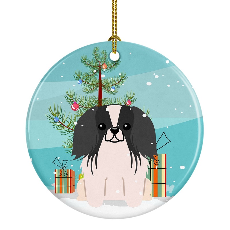 Merry Christmas Tree Pekingnese Black White Ornament - Round Ceramic Ornament  Artist-Designed Keepsake Decoration BB4230CO1