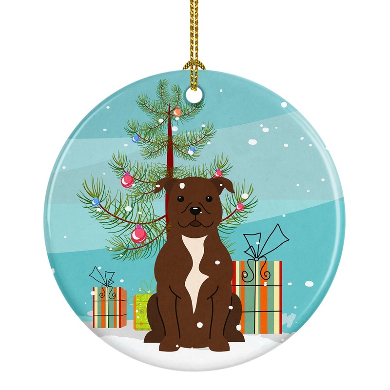 Merry Christmas Tree Staffordshire Bull Terrier Chocolate Ornament - Round Ceramic Ornament  Artist-Designed Keepsake Decoration BB4173CO1
