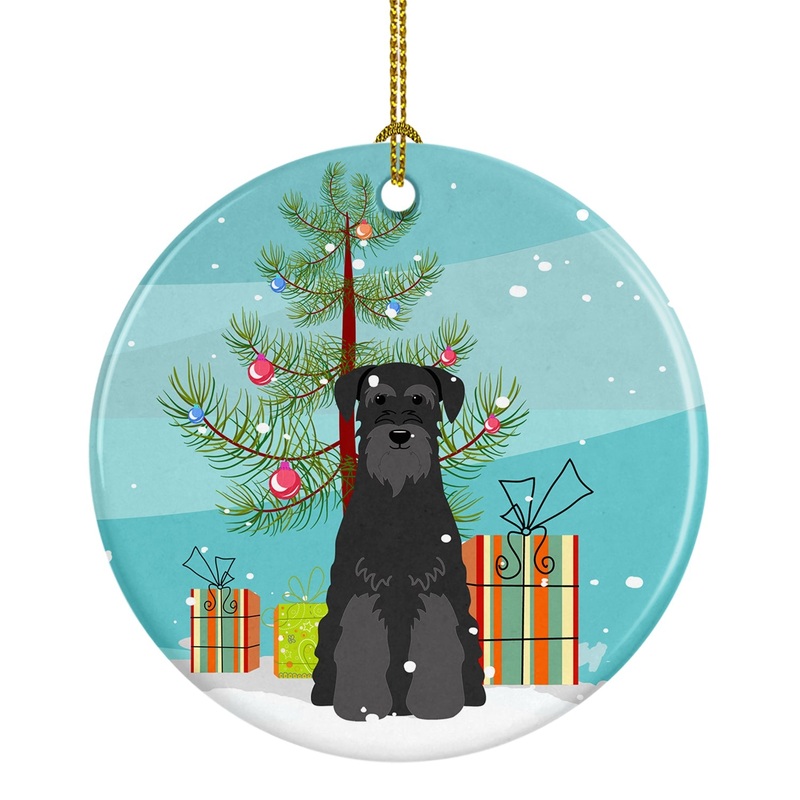 Merry Christmas Tree Standard Schnauzer Black Ornament - Round Ceramic Ornament  Artist-Designed Keepsake Decoration BB4157CO1