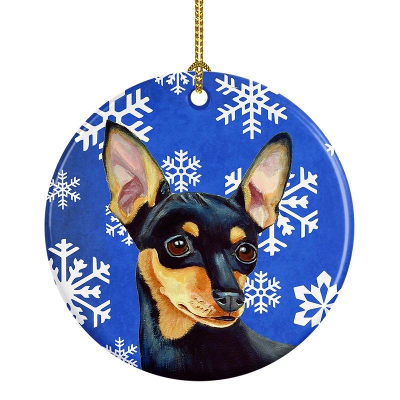 Min Pin Winter Snowflake Holiday Ornament - Round Ceramic Ornament  Artist-Designed Keepsake Decoration LH9290