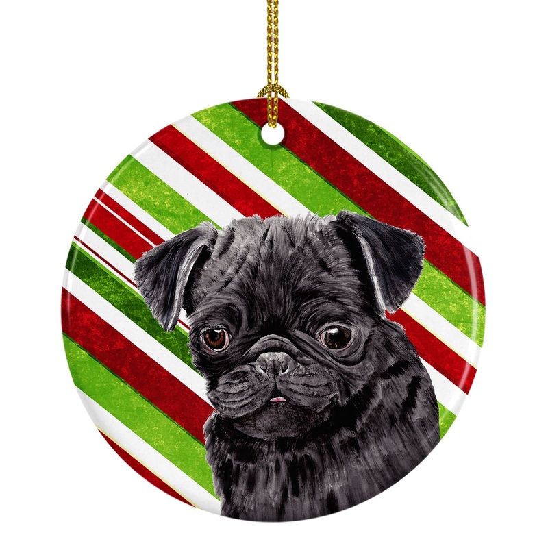 Pug Candy Cane Holiday Christmas  Ornament - Round Ceramic Ornament  Artist-Designed Keepsake Decoration SC9326