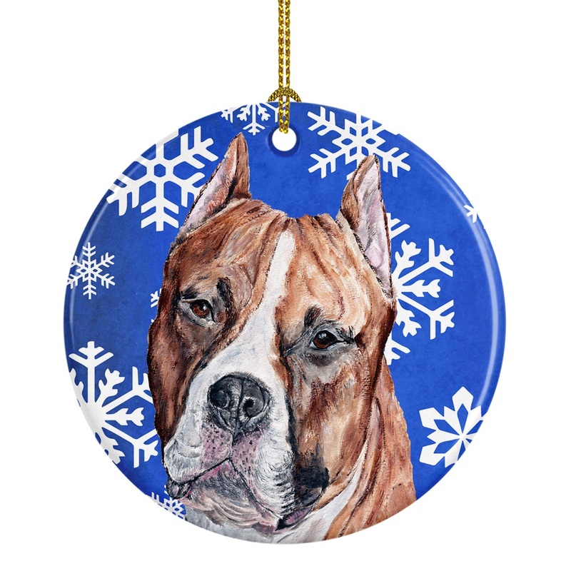 Staffordshire Bull Terrier Staffie Winter Snowflakes Ornament - Round Ceramic Ornament  Artist-Designed Keepsake Decoration SC9776CO1
