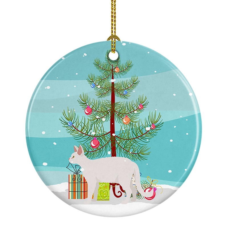 White Devon Rex Cat Merry Christmas Ornament - Round Ceramic Ornament  Artist-Designed Keepsake Decoration